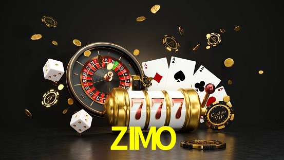 Una escena digital vívida inspirada en casino con ZIMO mostrado prominentemente, luces brillantes, fichas, cartas y acentos dorados.