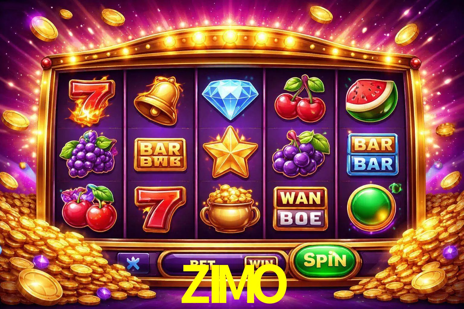 Una interfaz colorida de tragamonedas en línea con símbolos brillantes, monedas y un efecto de victoria celebratoria en ZIMO.