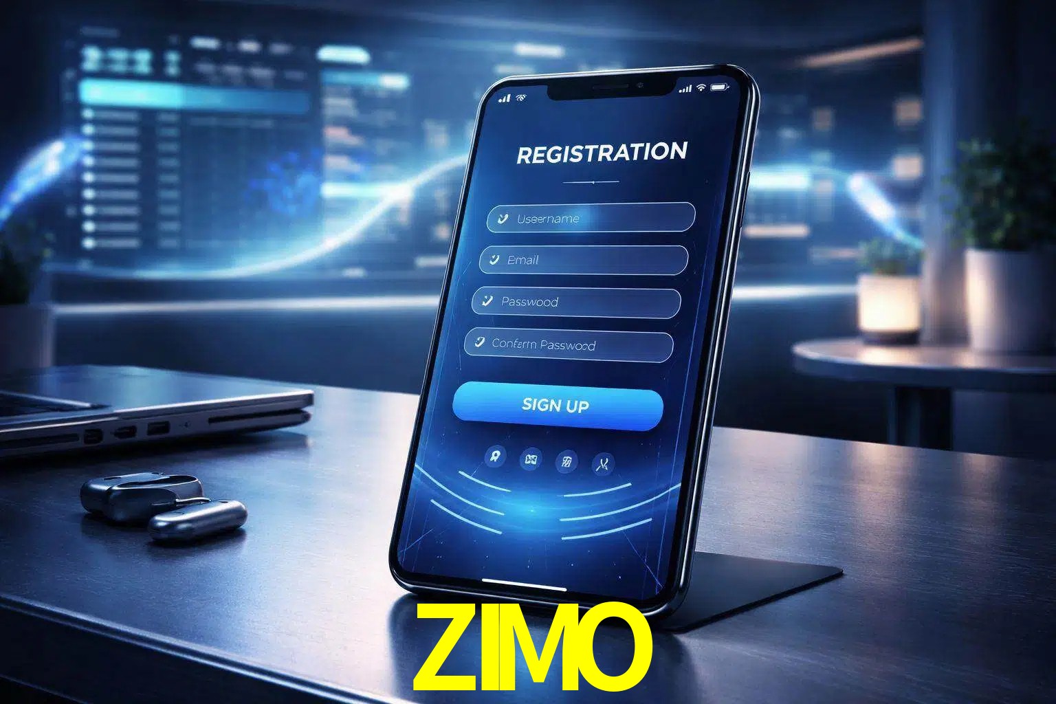 Una interfaz moderna de registro móvil para ZIMO mostrada en un smartphone con un panel de apuestas elegante.